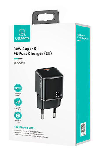 Usams Charger Without Cable with USB-C Port 30W Power Delivery Blacks (T45)