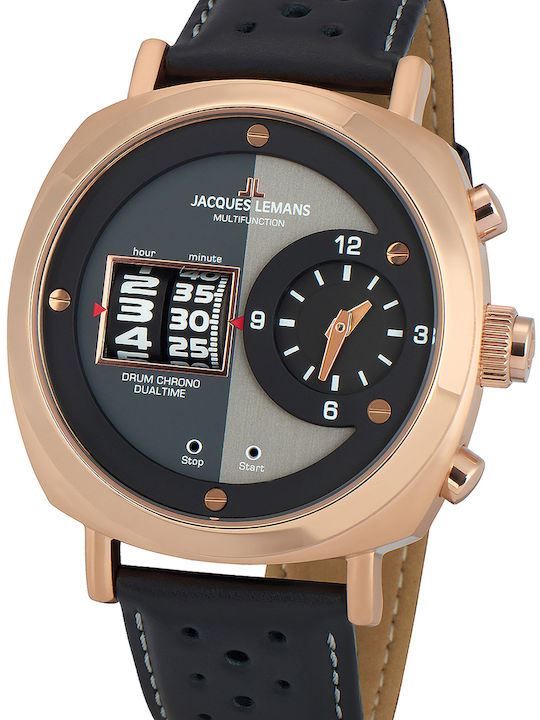 Jacques Lemans Lugano Ψηφιακό Ανδρικό Ρολόι 44mm Χρονογράφος Μπαταρίας με Μαύρο Δερμάτινο Λουράκι
