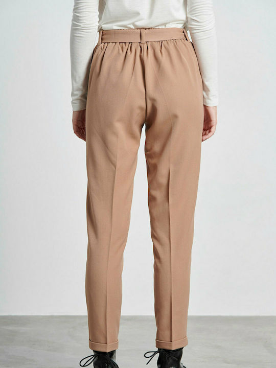 Funky Buddha Women' High Waisted Fabric Trouser Straight Beige