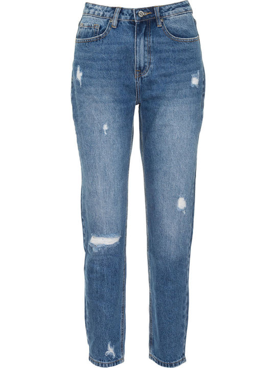 Hoch tailliert Damenjeans mit Rissen in Mom-Passform