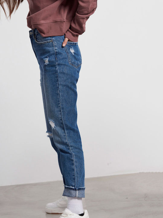 Hoch tailliert Damenjeans mit Rissen in Mom-Passform