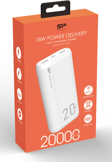 Silicon Power QS15 Power Bank 20000mAh 18W with 2 USB-A Ports and USB-C Port Power Delivery / Quick Charge 3.0 White