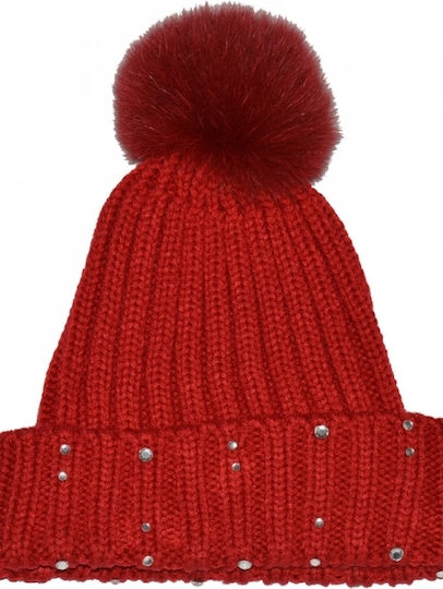 Pom Pom Beanie Unisex Beanie mit Rippstrick in Rot Farbe