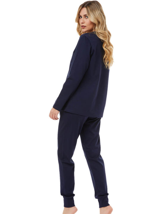 Minerva Winter Damen Pyjama-Set Baumwolle Marineblau