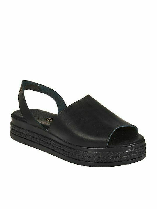 Elenross Leather Women's Flat Sandals Flatforms in Black Color