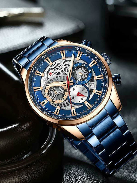 Curren Men's Watch 45mm Chronograph Battery with Blue Metal Bracelet