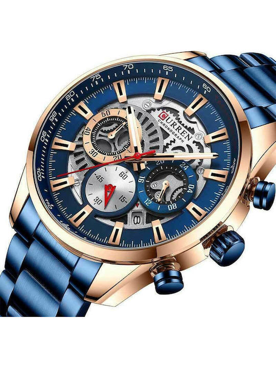Curren Men's Watch 45mm Chronograph Battery with Blue Metal Bracelet