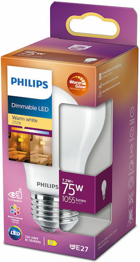 Philips LED Bulb 7.2W for Socket E27 and Shape A60 Warm White 1055lm Dimmable