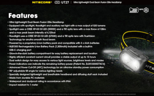 NiteCore Презареждащ се Челник LED IP66 с Максимална Яркост 520лм UT27 Pro 3 × AAA Черен
