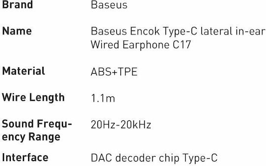 Baseus Encok C17 In-ear Handsfree with USB-C Connector White