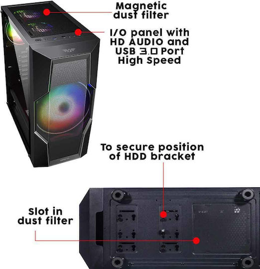 Armaggeddon Aero VII Gaming Midi Tower Κουτί Υπολογιστή με Πλαϊνό Παράθυρο και RGB Φωτισμό Μαύρο