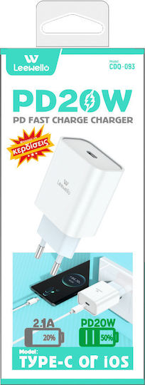 Leewello Charger Without Cable with USB-C Port 20W Power Delivery Whites (CDQ-093)