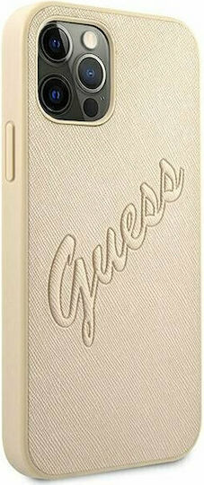 Guess Saffiano Vintage Script Back Cover Synthetic Leather / Plastic Gold (iPhone 12 / 12 Pro)