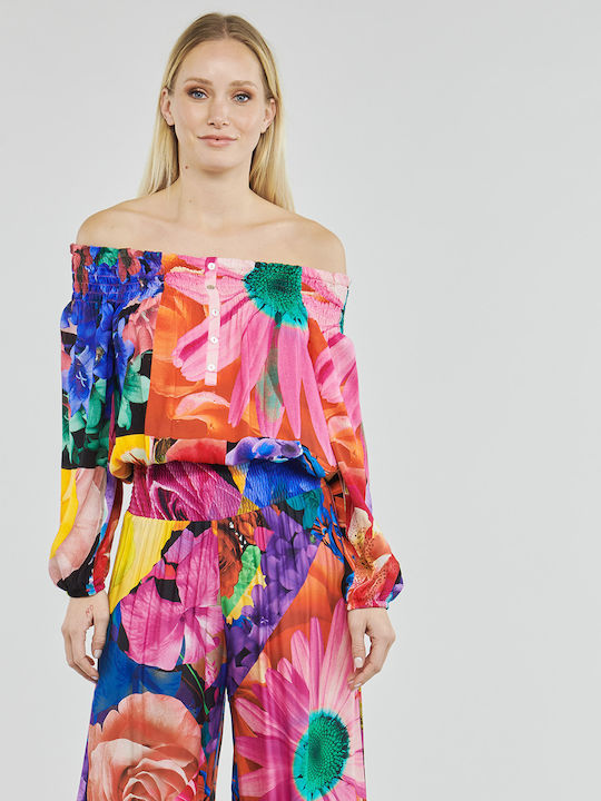 M. Christian Lacroix Γυναικείο Καλοκαιρινό Crop Top Off-Shoulder Μακρυμάνικο Floral Πολύχρωμο