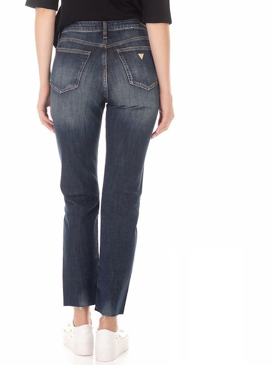 Guess High Waist Women's Jean Trousers with Rips in Straight Line