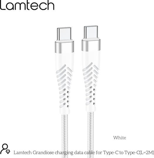 Lamtech Cablu Braided USB 2.0 USB-C Masculin - USB-C Alb 2m LAM023633