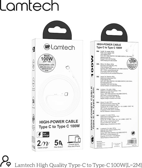 Lamtech USB 2.0 Cable USB-C male - USB-C 100W PD Λευκό 2m LAM023664