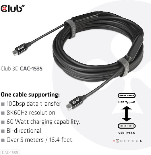 Club3D USB 3.2 Video Cable USB-C male - USB-C 60W PD Μαύρο 5m CAC-1535