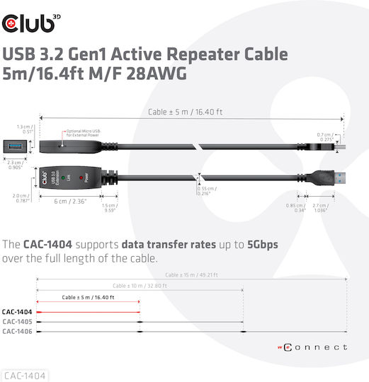 Club3D USB 3.1 Cable USB-A male - USB-A female Μαύρο 5m (CAC-1404)