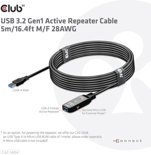 Club3D USB 3.1 Cable USB-A male - USB-A female Μαύρο 5m (CAC-1404)