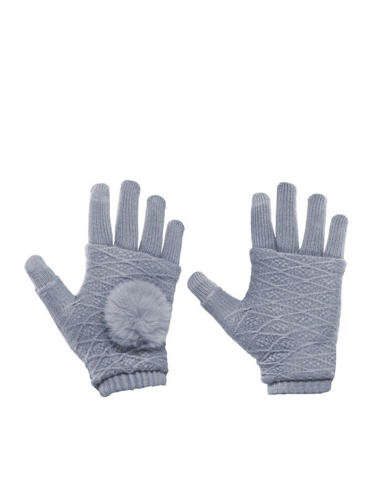 2 In 1 Light Grey Γυναικεία Πλεκτά Γάντια Αφής με Κομμένα Δάχτυλα