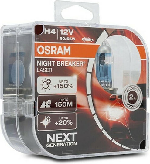 Osram Λάμπες Αυτοκινήτου Night Breaker Laser +150% H4 Αλογόνου 12V 55W 2τμχ