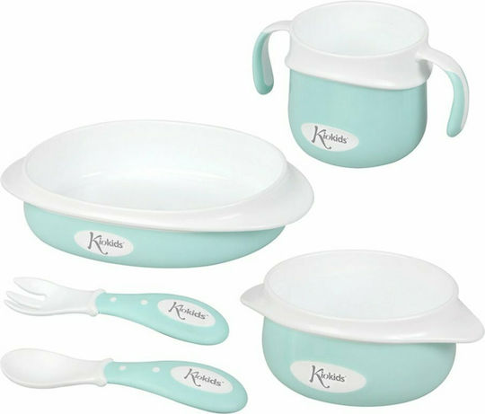 Kiokids Feeding Set made of Plastic Turquoise 5pcs for 6+ months