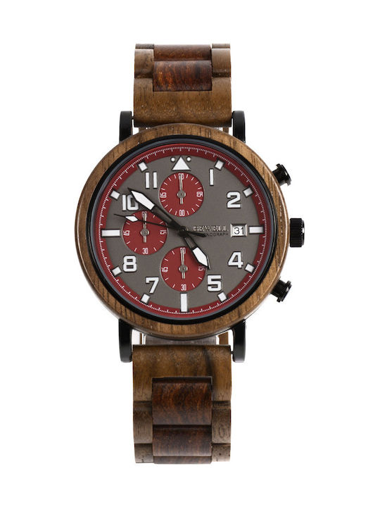 Bewell Poseidon Ανδρικό Ρολόι 43mm Χρονογράφος Μπαταρίας με Ξύλινο Μπρασελέ Brown Red