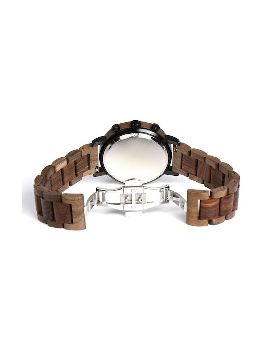 Bewell Poseidon Watch Chronograph Battery with Brown Wooden Bracelet