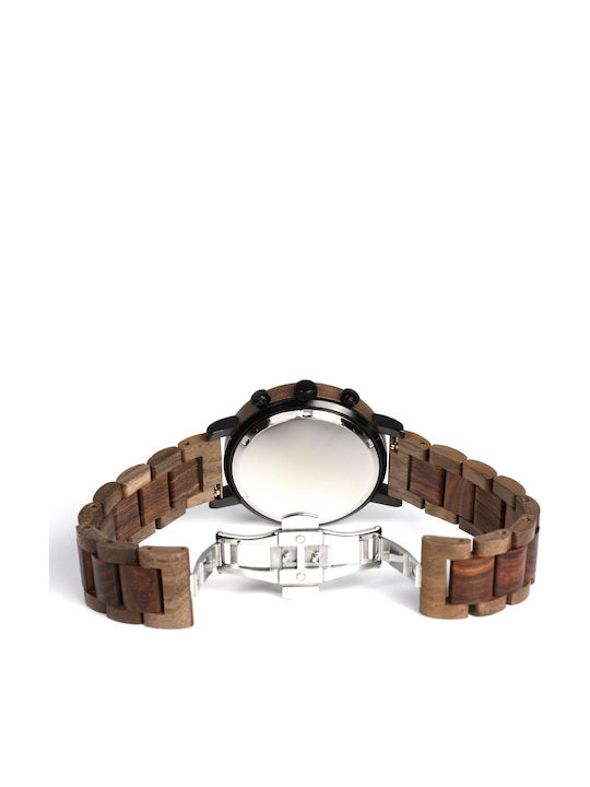 Bewell Poseidon Ανδρικό Ρολόι 43mm Χρονογράφος Μπαταρίας με Ξύλινο Μπρασελέ Brown Red