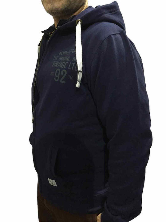 Double Men's Sweatshirt Jacket with Hood and Pockets Navy Blue