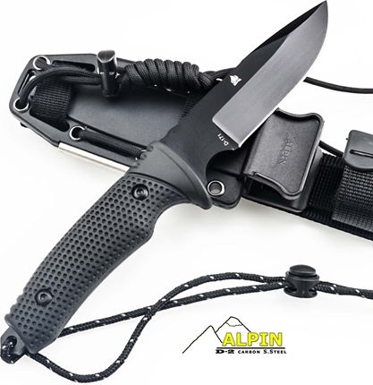 Alpin HX Outdoors - Explorer Survival D-2 Steel Tactical ABS Kydex Knife Survival Black in Sheath