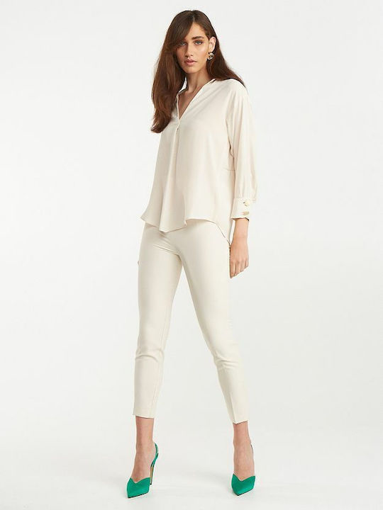 Damen Bluse Langärmelig mit V-Ausschnitt Creme