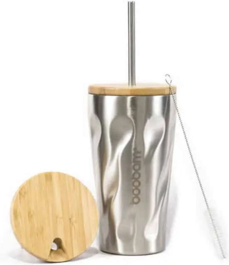 Boobam Recyclable Glass Thermos Stainless Steel BPA Free 450ml Silver with Straw