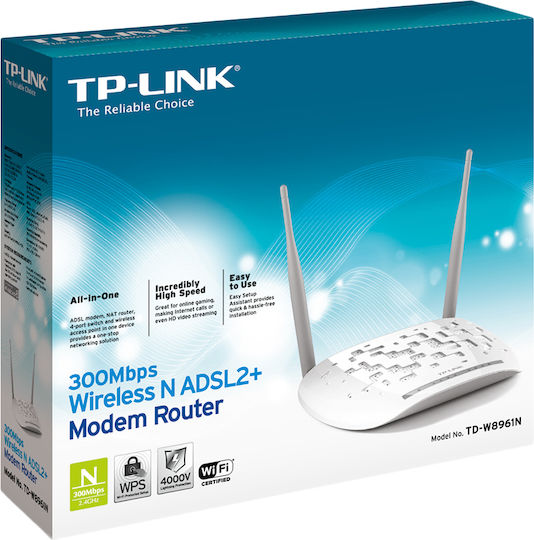 TP-LINK TD-W8961N v3 Ασύρματο ADSL2+ Modem Router Wi‑Fi 4 με 4 Θύρες