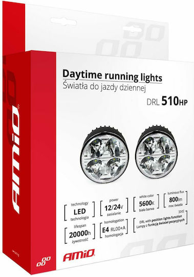 AMiO DRL 510L Στρογγυλό Φώτα Ημέρας Αυτοκινήτου LED Universal 12 / 24V 16W 2τμχ