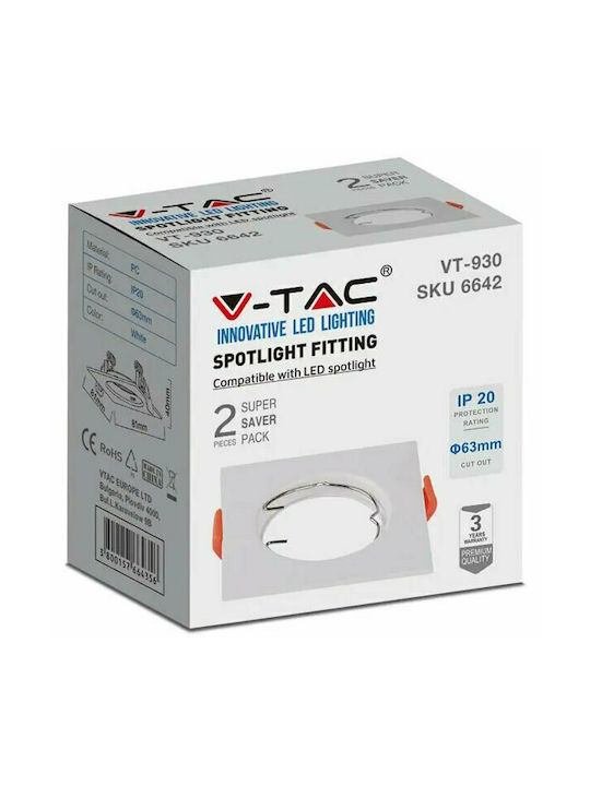 V-TAC Square Plastic Recessed Spot with Socket GU10 White 8.1x8.1cm.