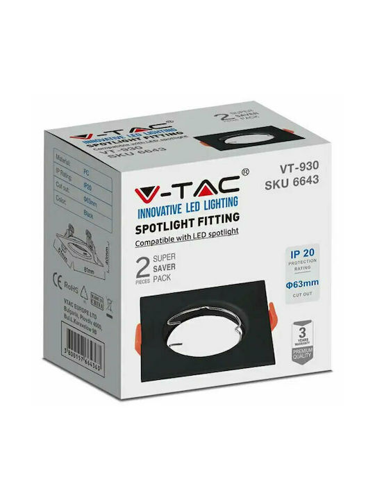 V-TAC Pătrat Plastic Spot Încorporat cu Soclu GU10 Negru 8.1x8.1cm.