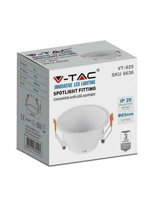 V-TAC Round Plastic Recessed Spot with Socket GU10 White