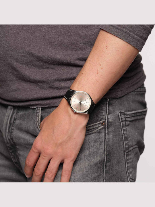 Swatch Smart Stitch Ανδρικό Ρολόι 42mm Μπαταρίας με Μαύρο Δερμάτινο Λουράκι