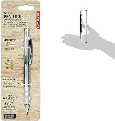 Kikkerland Multi Tool Pen Ballpoint with Black Ink 4-in-1 Silver