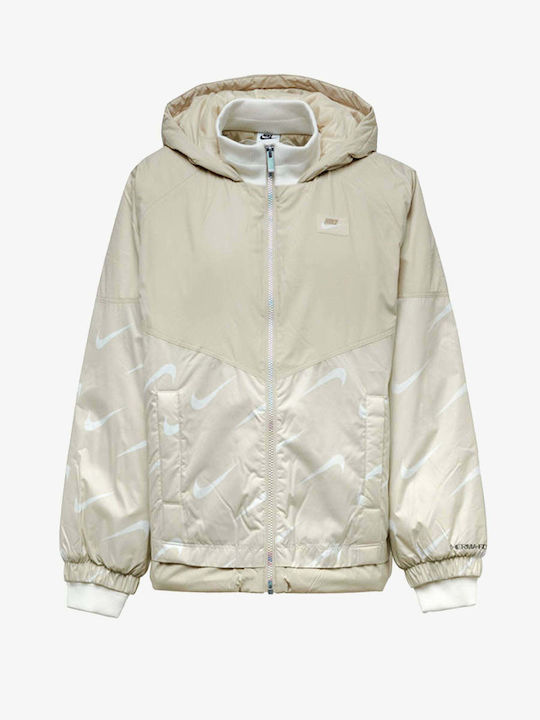 Therma-FIT Icon Clash Women's Running Short Sports Jacket Waterproof and Windproof for Winter with Hood Beige