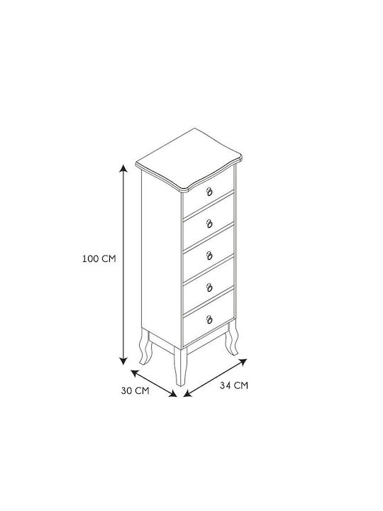 Wooden Storage Drawers with 5 Drawers Λευκό L34xW30xH100cm