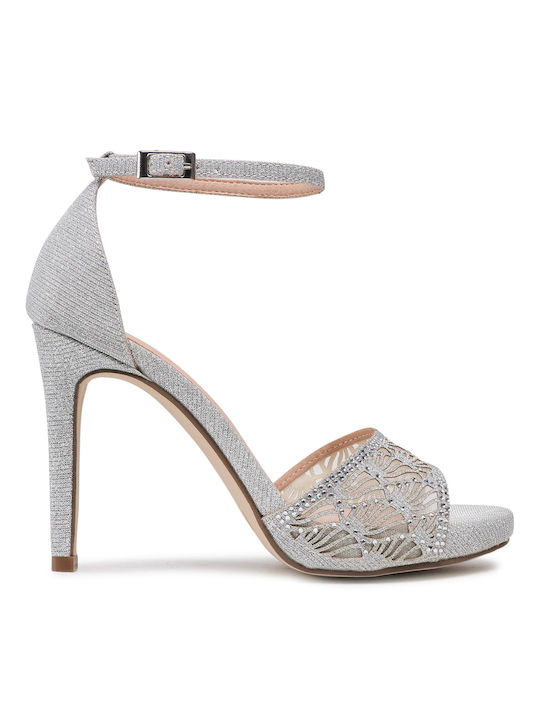 Menbur Women's Sandals with Ankle Strap Silver with Thin High Heel