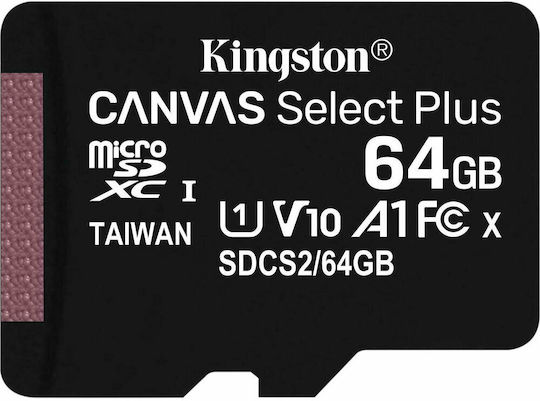 Kingston Canvas Select microSDXC 64GB U1 V10 A1 UHS-I 80MB/s με αντάπτορα