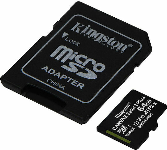 Kingston Canvas Select microSDXC 64GB U1 V10 A1 UHS-I 80MB/s με αντάπτορα