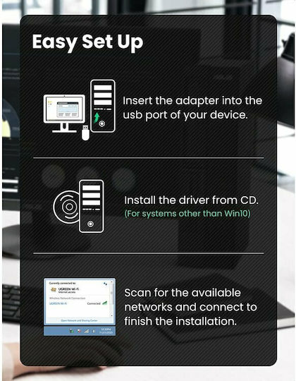 Ugreen AC650 Αντάπτορας Δικτύου USB με Ασύρματη Σύνδεση Wi-Fi 633Mbps