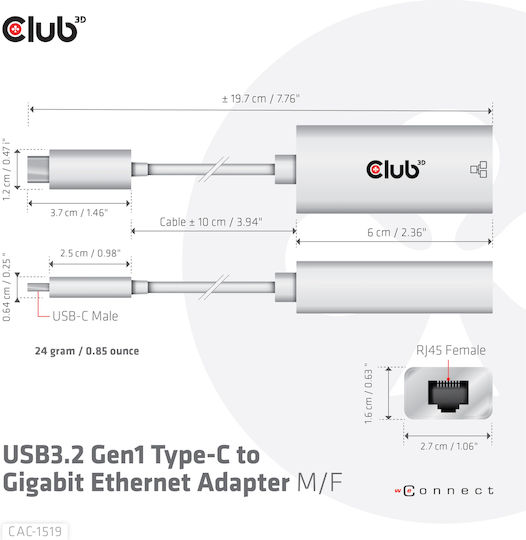 Club3D CAC-1519 USB-C Netzwerkadapter mit Verkabelter Verbindung Gigabit Ethernet