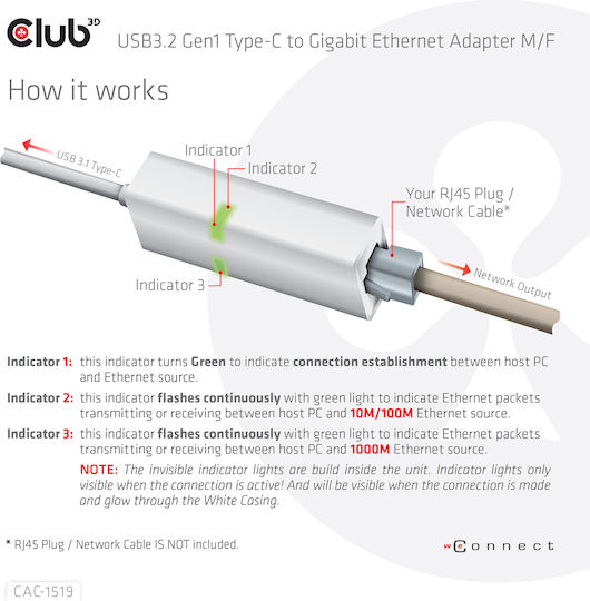 Club3D CAC-1519 USB-C Netzwerkadapter mit Verkabelter Verbindung Gigabit Ethernet