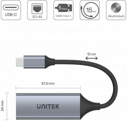 Unitek U1312A USB-C Netzwerkadapter mit Verkabelter Verbindung Gigabit Ethernet